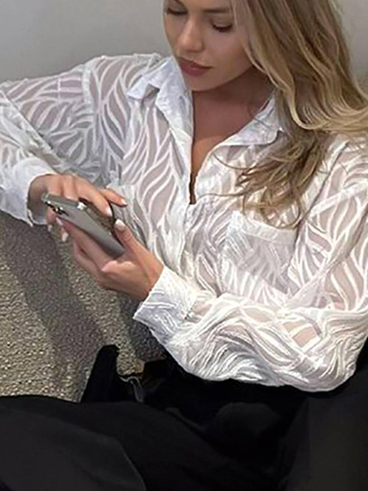 Peachy - White Women Blouses Thin Lapel Elegant Long Sleeve Shirts