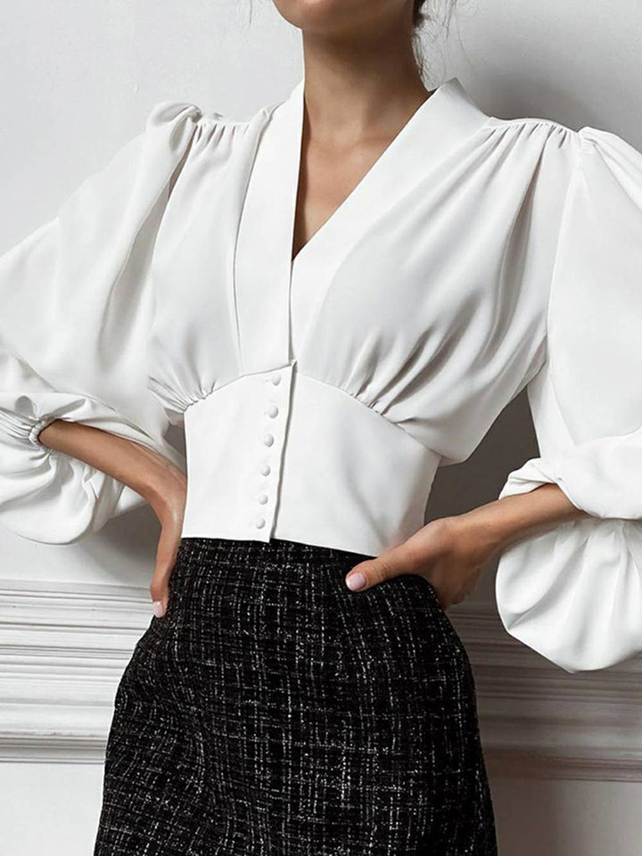 Manee - White V Neck Puff Long Sleeve Corset Top