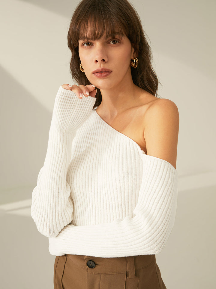 Monteclo - Ximena One Shoulder Long Sleeve Ribbed Pullover Sweater