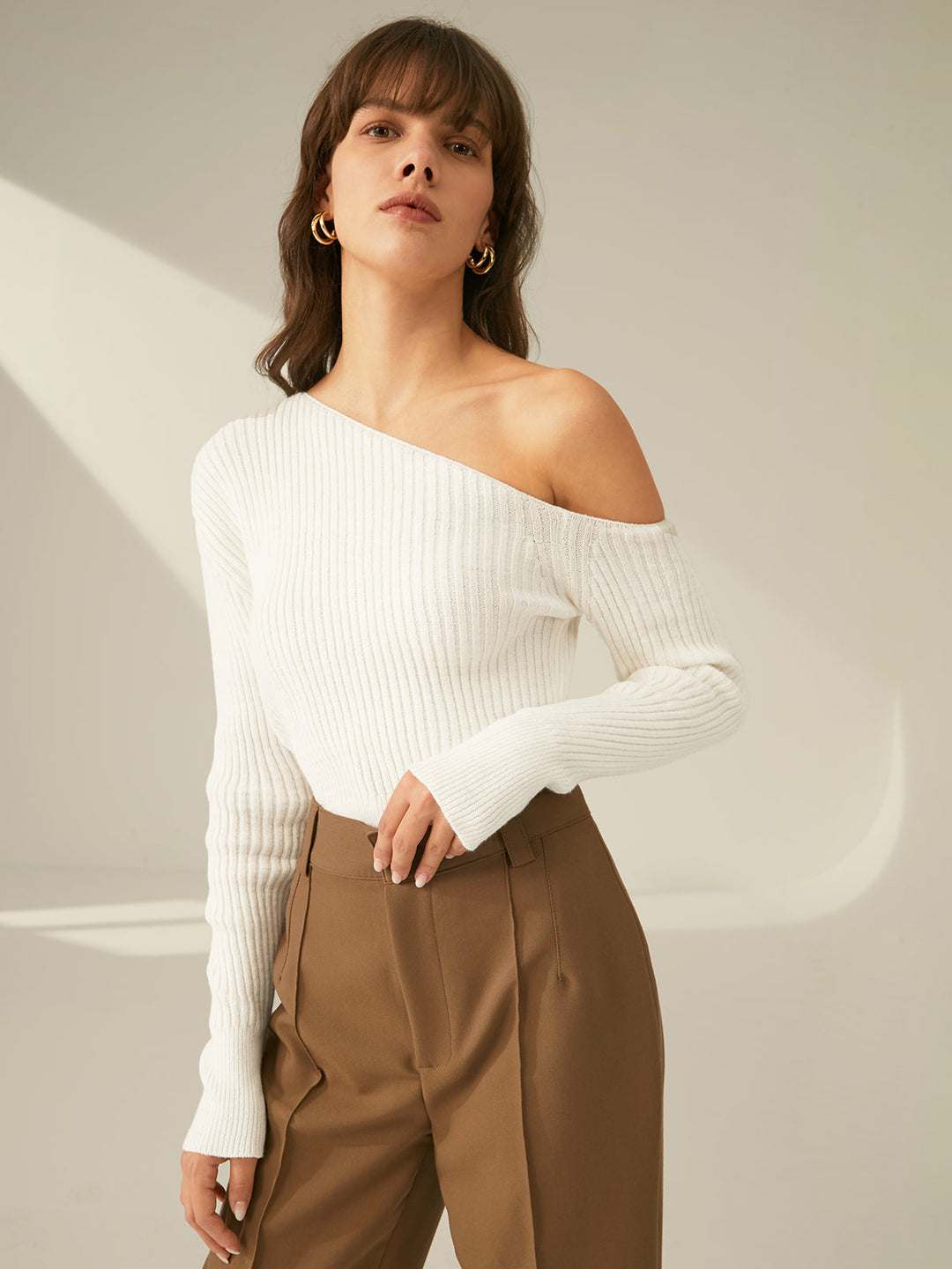 Monteclo - Ximena One Shoulder Long Sleeve Ribbed Pullover Sweater