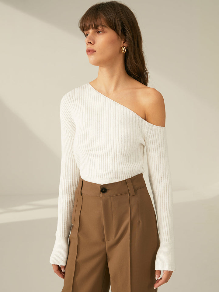 Monteclo - Ximena One Shoulder Long Sleeve Ribbed Pullover Sweater