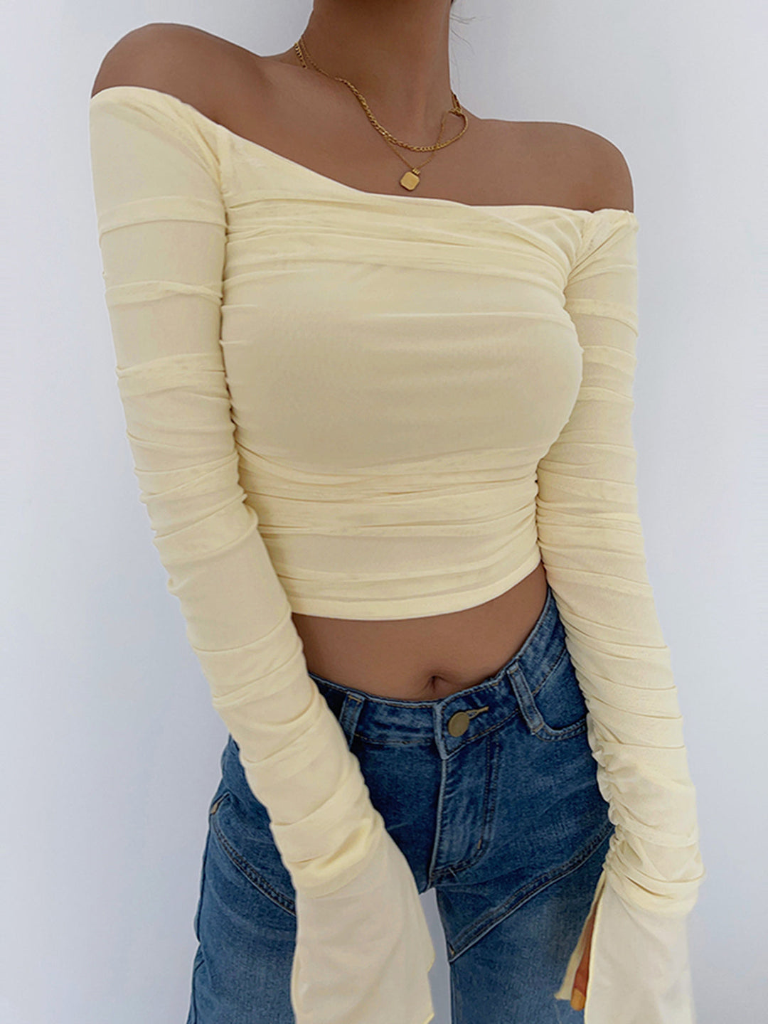 Monteclo - Freya Off Shoulder Mesh Crop Shirt