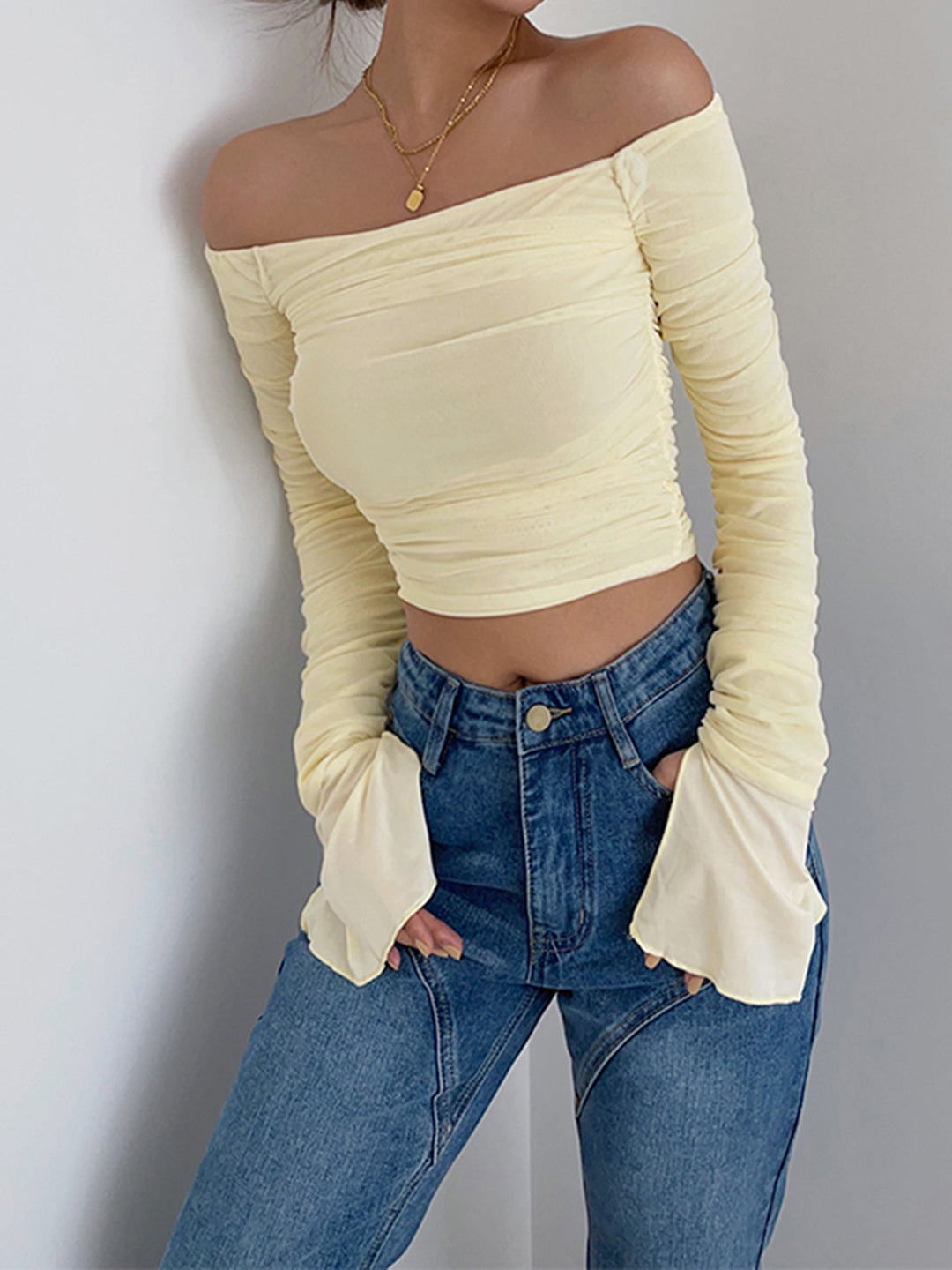 Monteclo - Freya Off Shoulder Mesh Crop Shirt