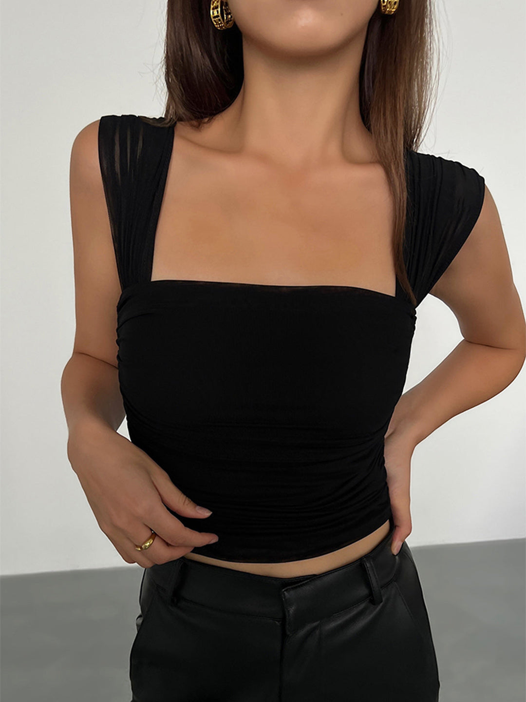 Monteclo - Laney Mesh Ruched Crop Tank Top