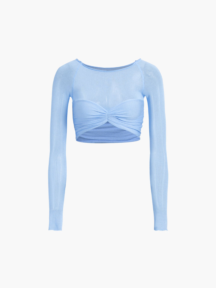 Monteclo - Arya Nostalgia Off-Shoulder Mesh Crop Shirt