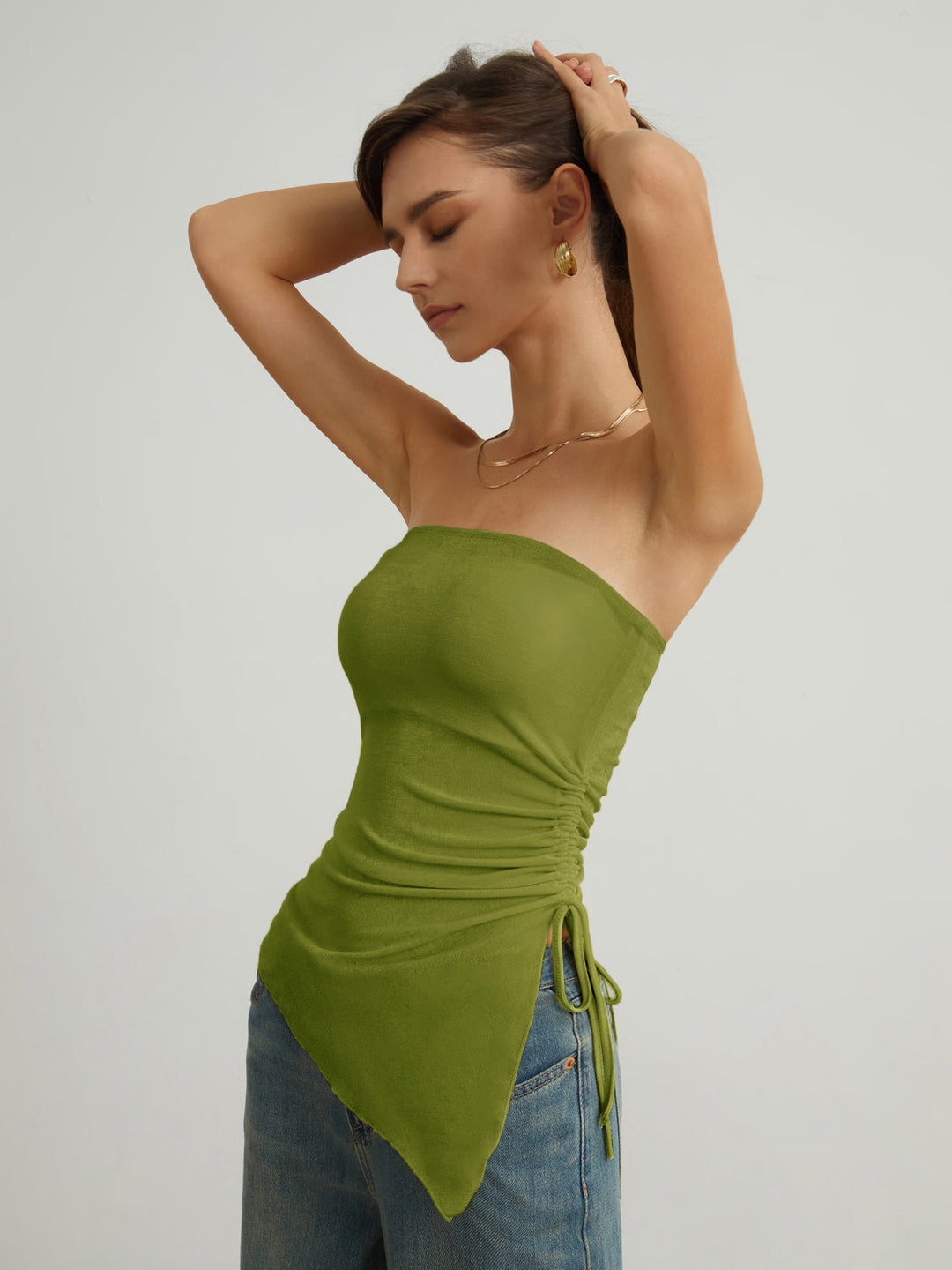 Monteclo - Peyton Oblique Drawstring Mesh Cover Up Tube Top