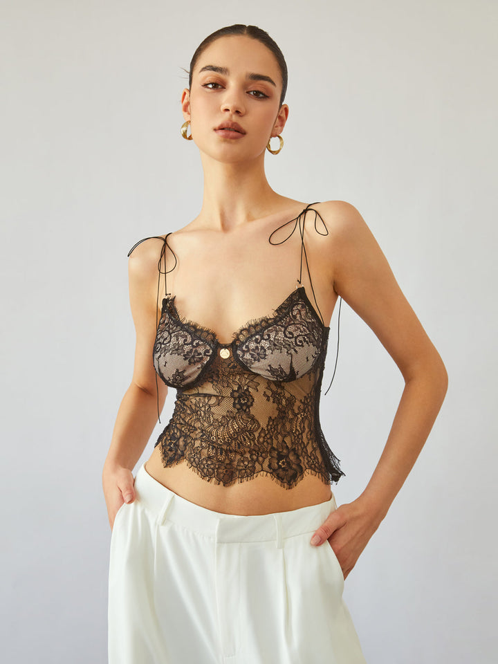 Monteclo - Jayla Tie Shoulder Floral Lace Crop Top