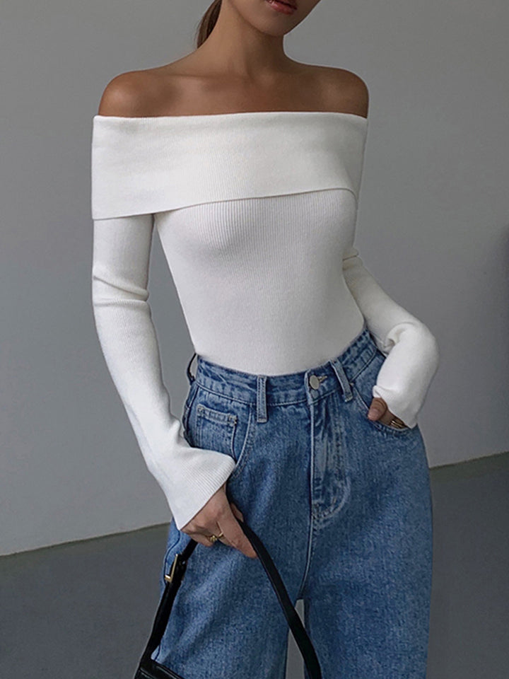 Monteclo - Melanie Off-Shoulder Overfold Long Sleeve Knit Top