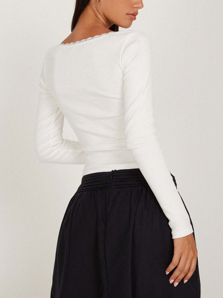 Monteclo - Cora Lace Trim Long Sleeve Crop Top