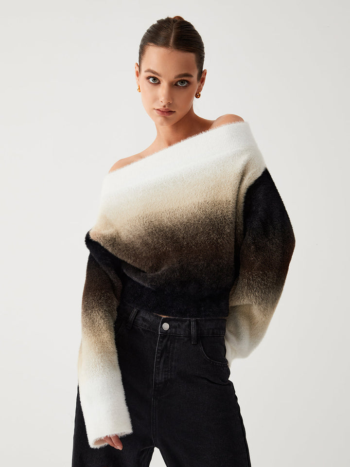 Monteclo - Monique Ombre Fuzzy Off Shoulder Crop Sweater