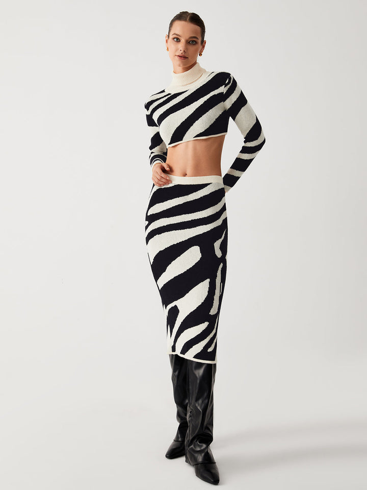 Monteclo - Bria Zebra Print Mock Neck Crop Top Two Piece Skirt Set