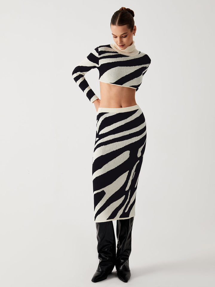 Monteclo - Bria Zebra Print Mock Neck Crop Top Two Piece Skirt Set