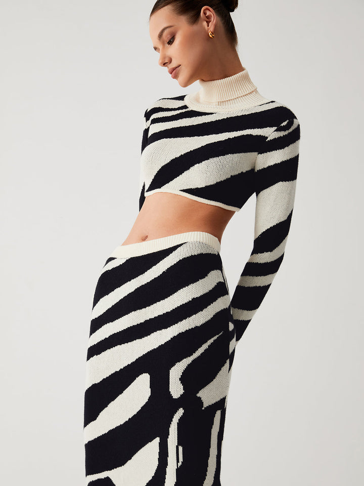 Monteclo - Bria Zebra Print Mock Neck Crop Top Two Piece Skirt Set