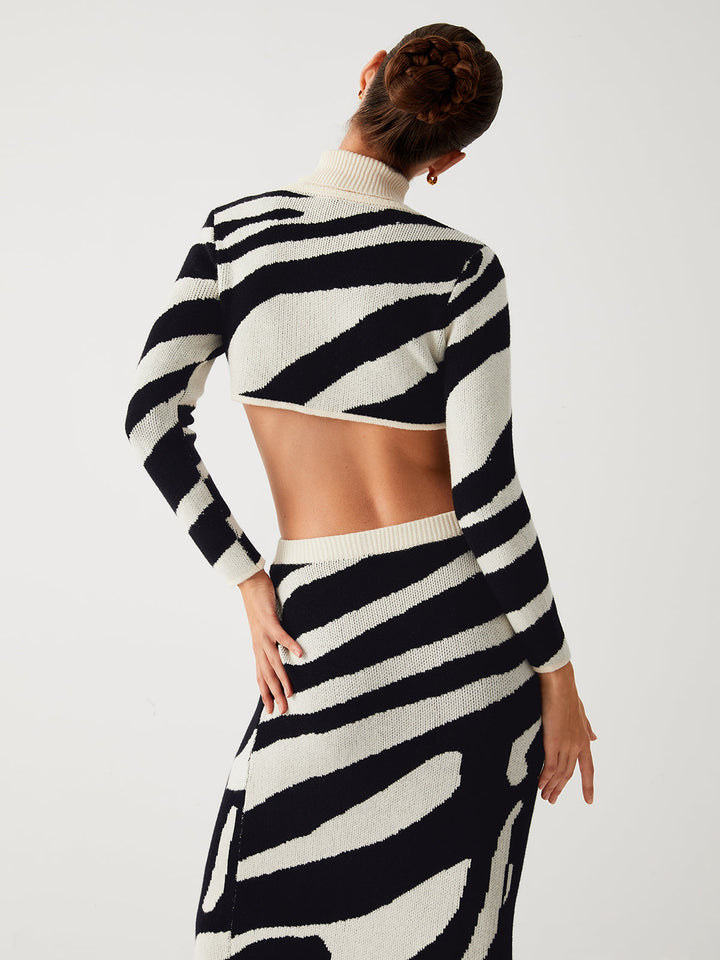 Monteclo - Bria Zebra Print Mock Neck Crop Top Two Piece Skirt Set