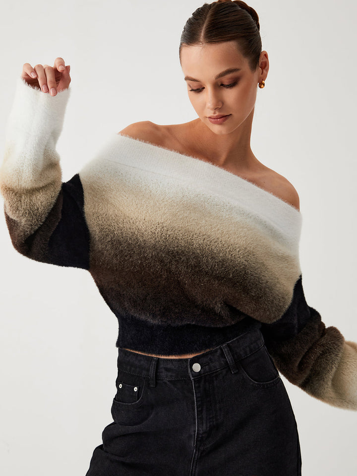 Monteclo - Monique Ombre Fuzzy Off Shoulder Crop Sweater