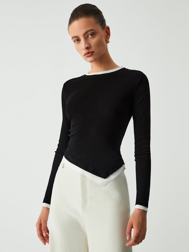 Monteclo - Zaria Asymmetric Hem Contrast Trim Long Sleeve Shirt