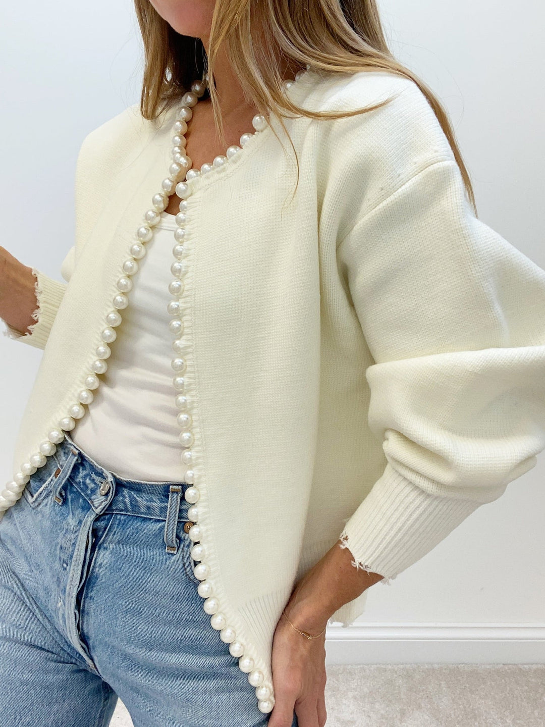 Monteclo - Ariella Pearl Trim Ripped Hem Cardigan