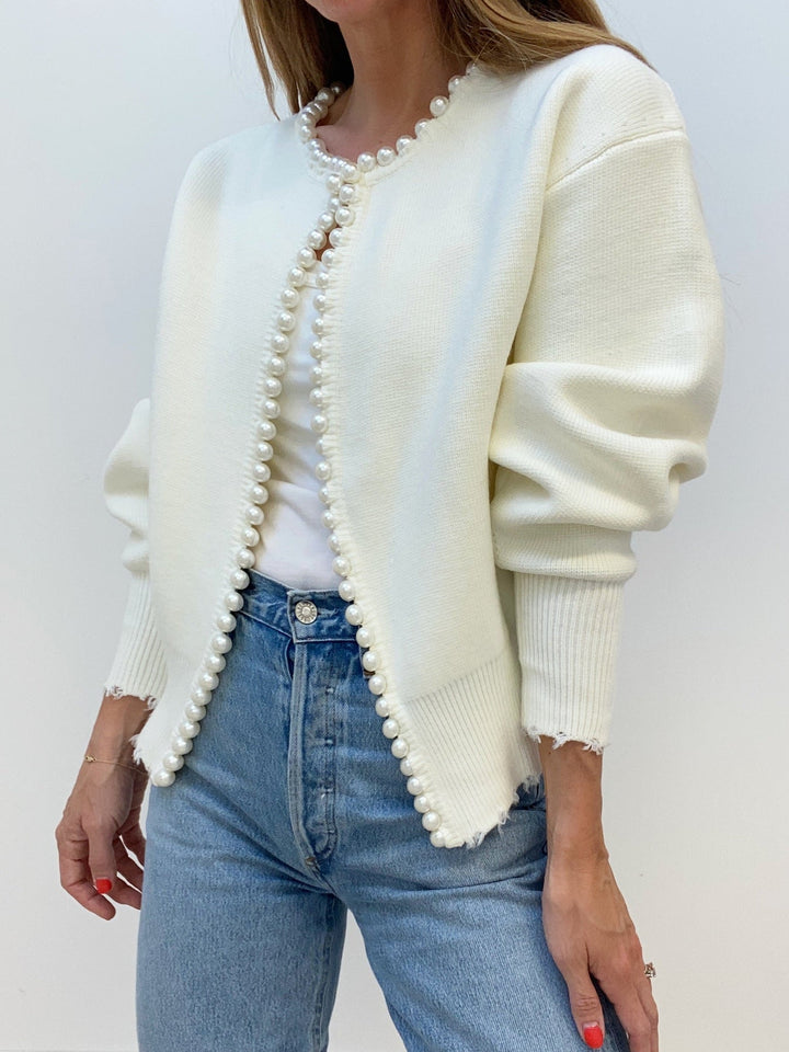 Monteclo - Ariella Pearl Trim Ripped Hem Cardigan