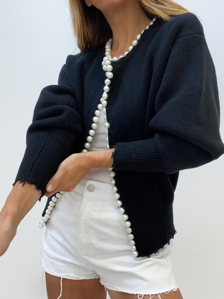 Monteclo - Ariella Pearl Trim Ripped Hem Cardigan