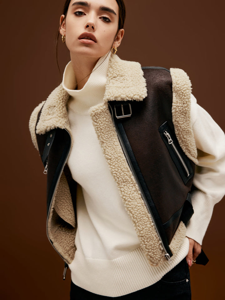 Monteclo - Daniela Sherpa Lined Shearling Leather Biker Crop Vest