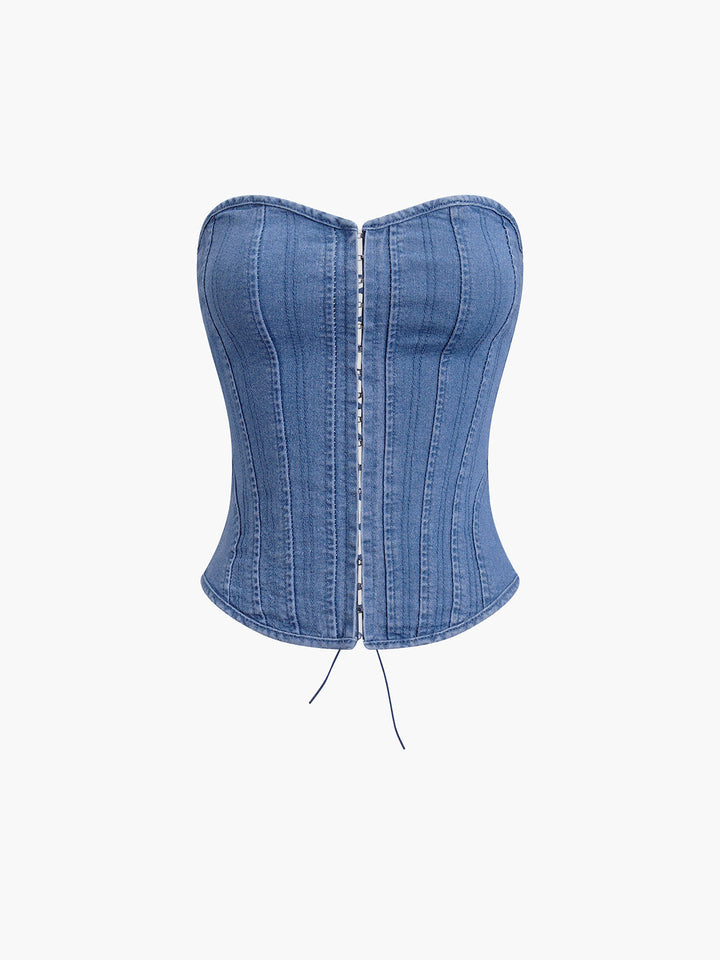 Monteclo - Lucy Hook-and-Eye Tie Back Tube Denim Top