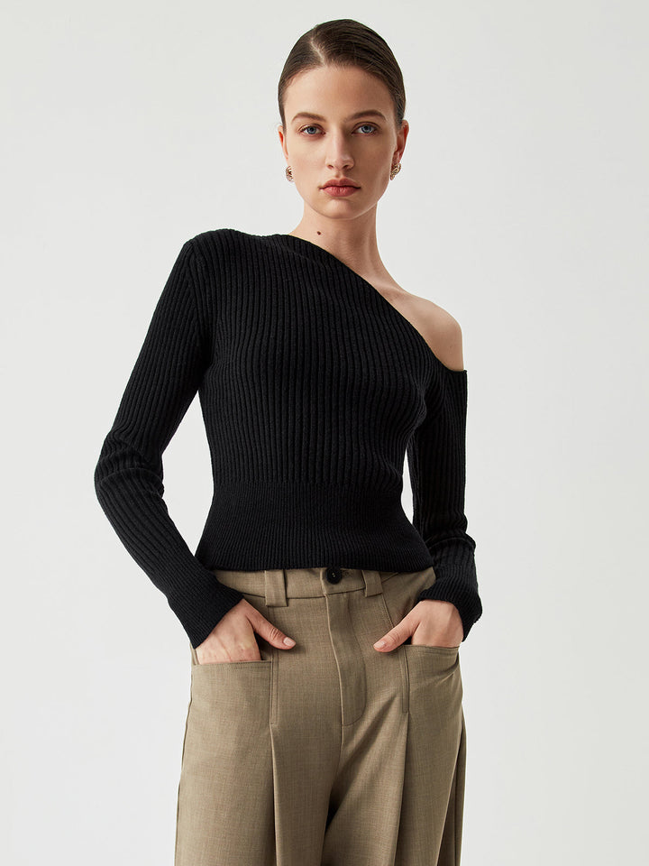 Monteclo - Ximena One Shoulder Long Sleeve Ribbed Pullover Sweater