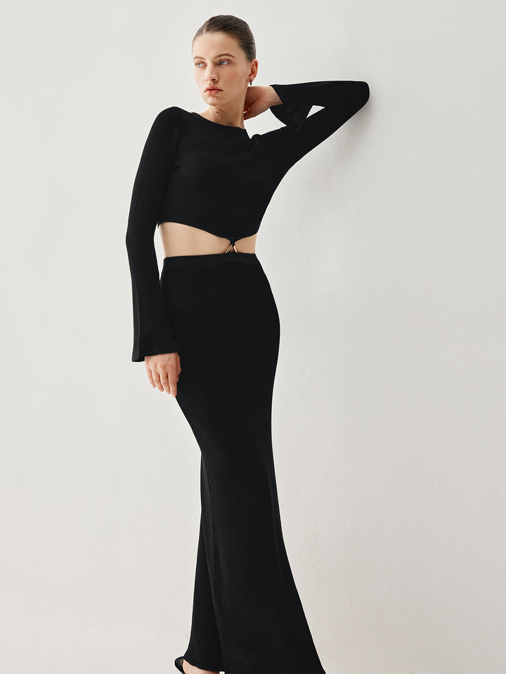 Monteclo - Juliet Slinky Long Sleeve Knit Two-Piece Slit Skirt Set