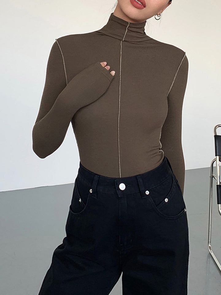 Monteclo - Kendall Slinky Turtleneck Contrast Trim Ribbed Knit Shirt