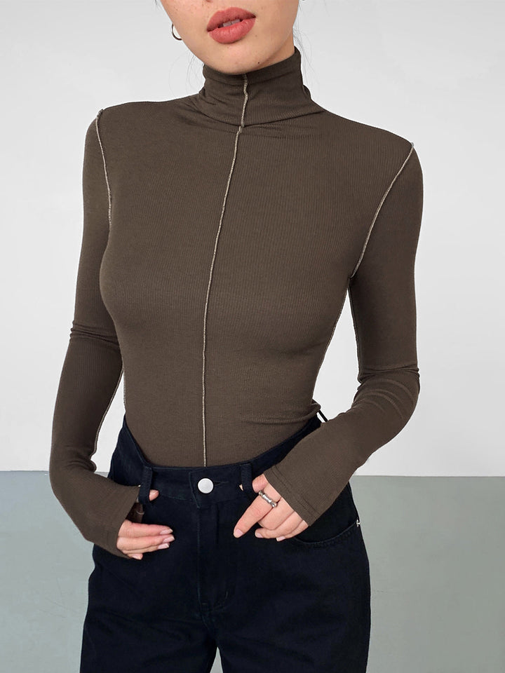 Monteclo - Kendall Slinky Turtleneck Contrast Trim Ribbed Knit Shirt