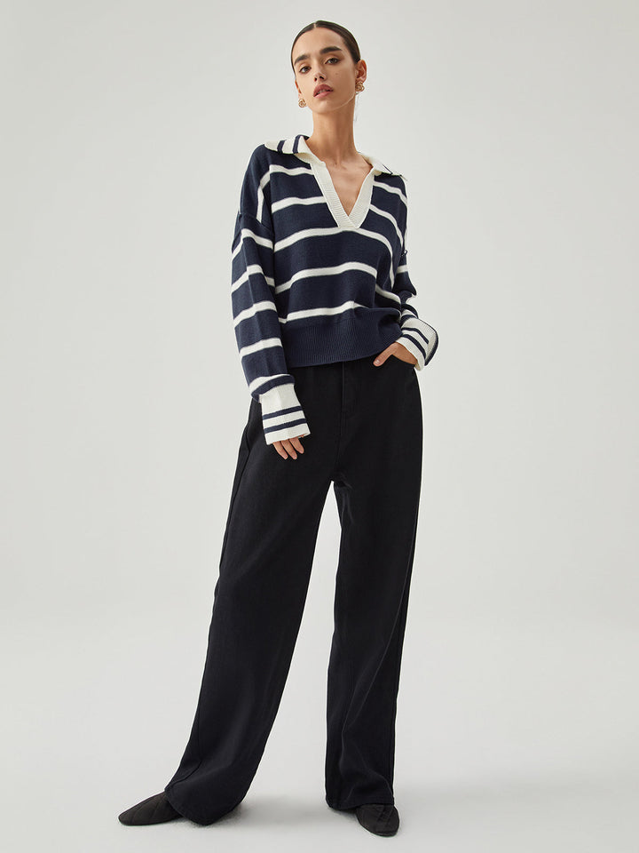 Monteclo - Connie V-neck Collared Striped Knit Sweater