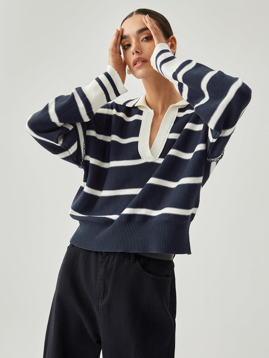 Monteclo - Connie V-neck Collared Striped Knit Sweater