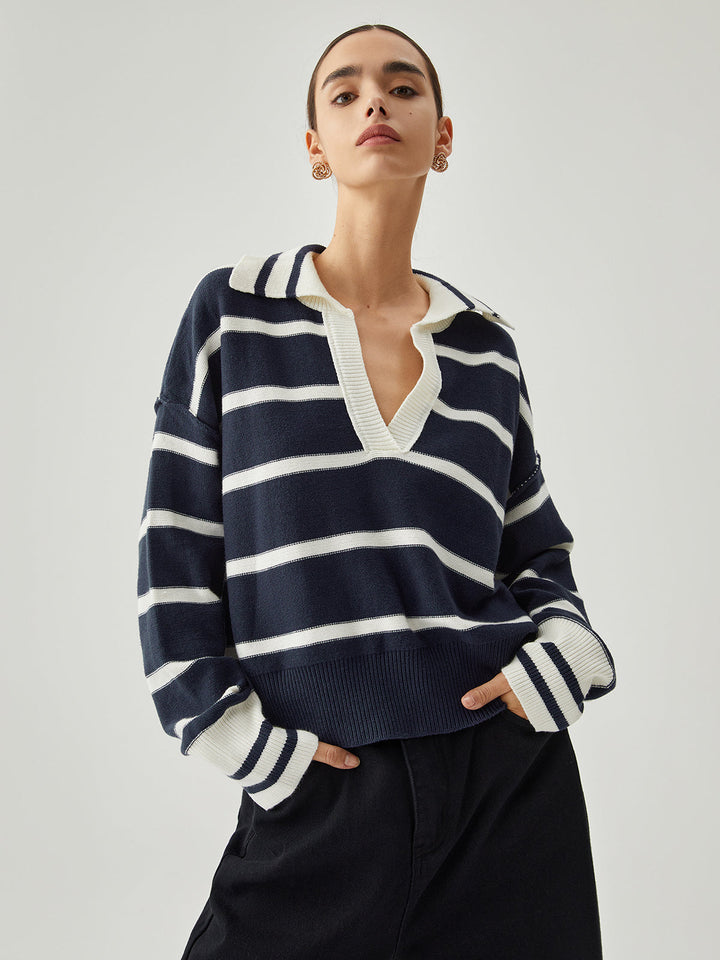 Monteclo - Connie V-neck Collared Striped Knit Sweater