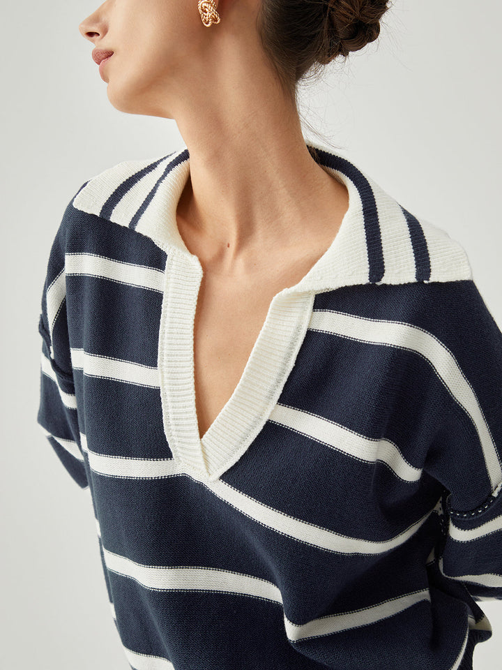 Monteclo - Connie V-neck Collared Striped Knit Sweater