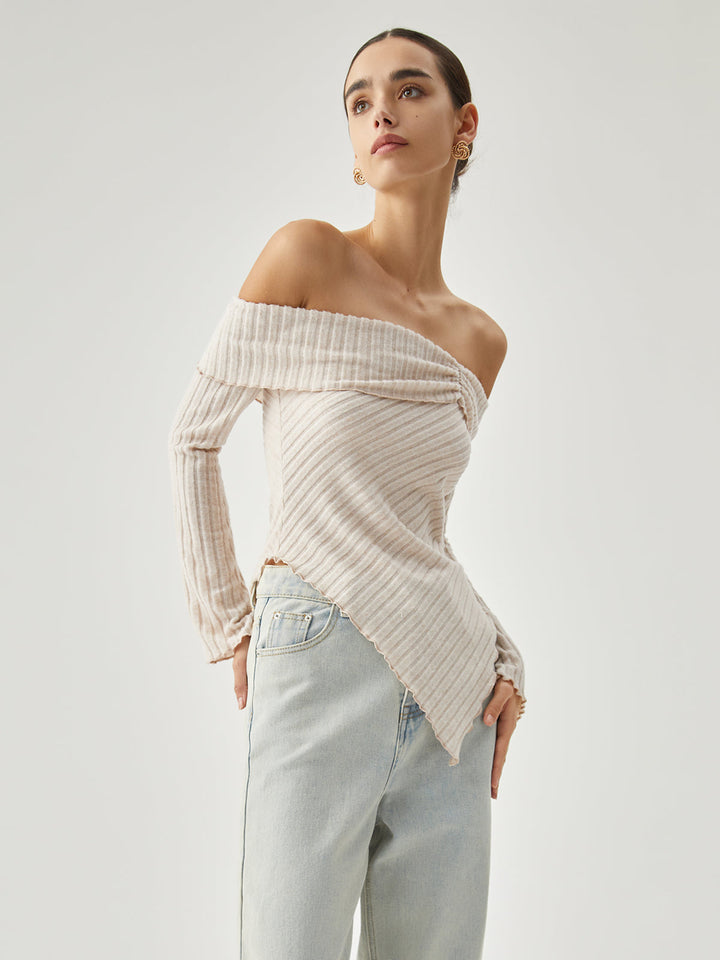 Monteclo - Marites Overfold Off Shoulder Ribbed Knit Long Sleeve Shirt