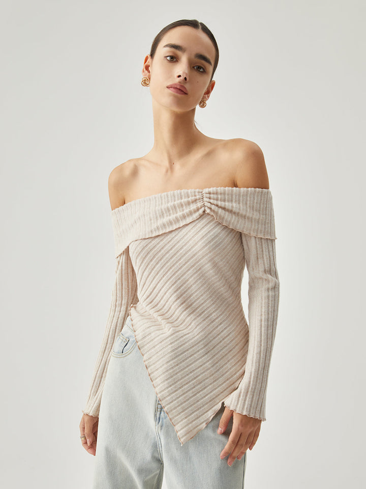 Monteclo - Marites Overfold Off Shoulder Ribbed Knit Long Sleeve Shirt