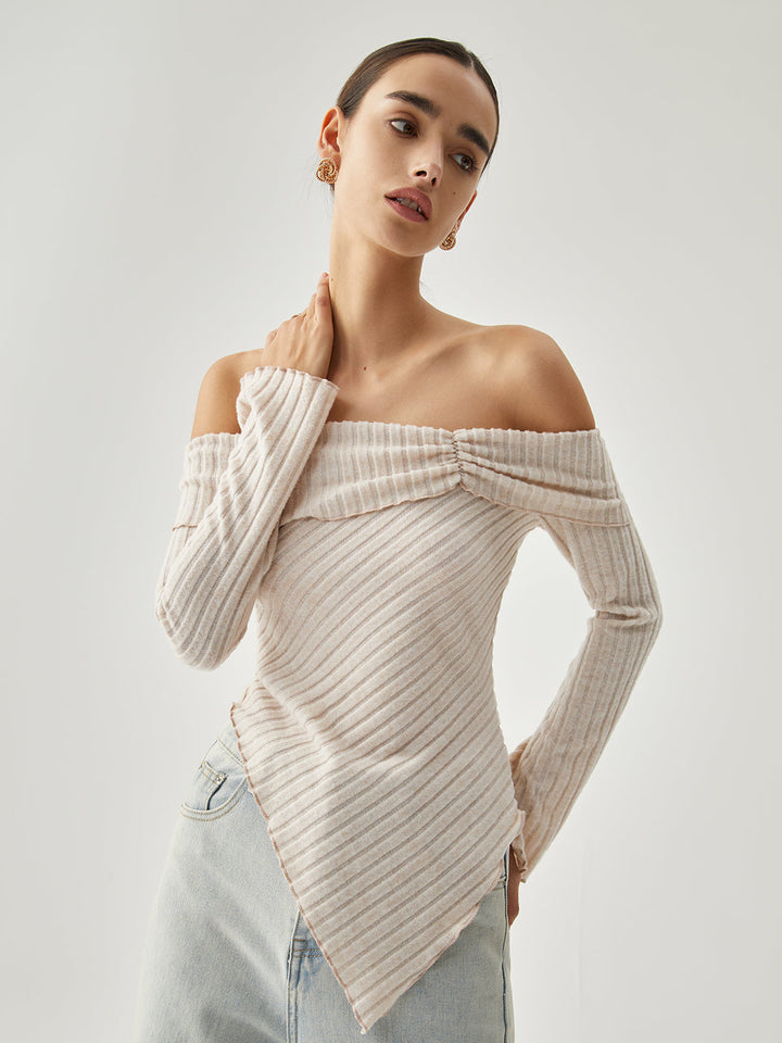 Monteclo - Marites Overfold Off Shoulder Ribbed Knit Long Sleeve Shirt