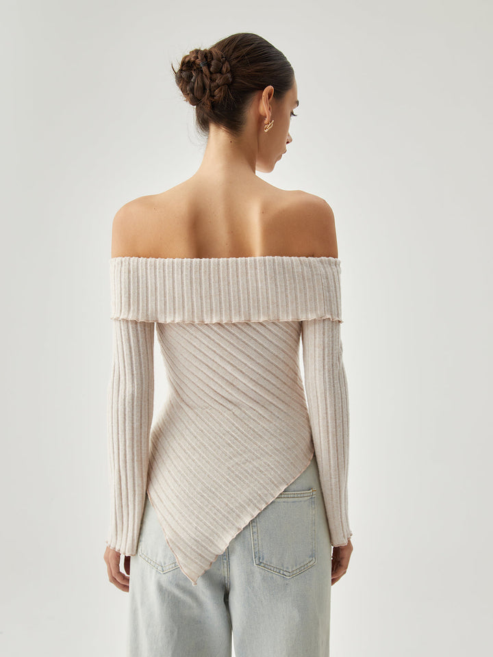 Monteclo - Marites Overfold Off Shoulder Ribbed Knit Long Sleeve Shirt