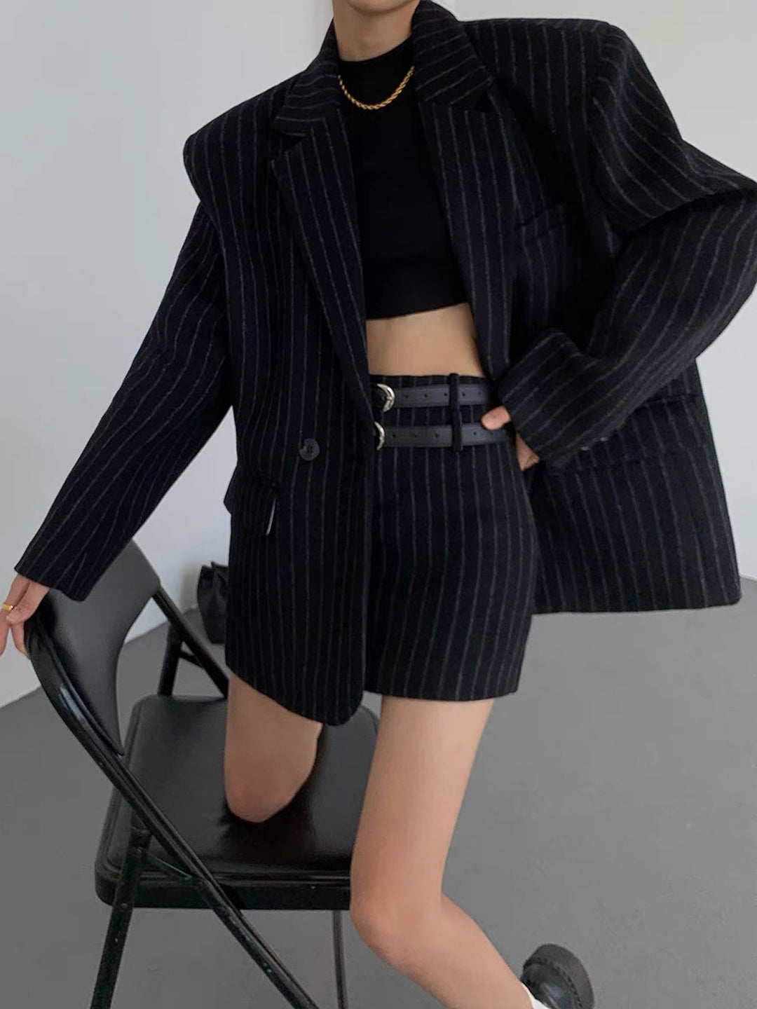 Monteclo - Gracelynn Tweed Pinstripe Oversized Blazer