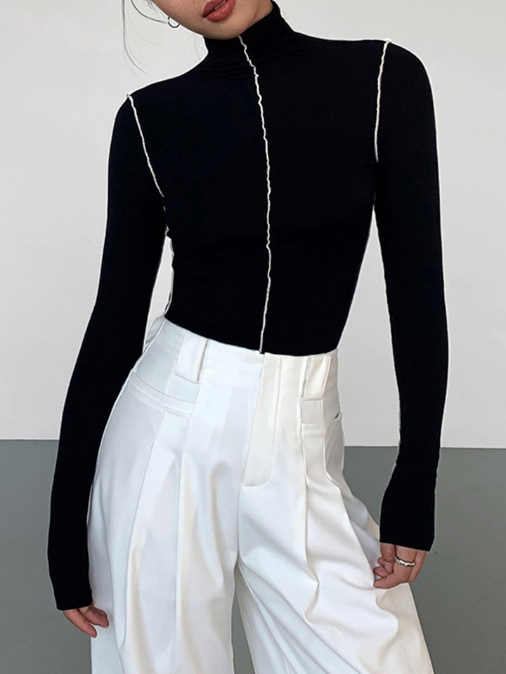 Monteclo - Kendall Slinky Turtleneck Contrast Trim Ribbed Knit Shirt