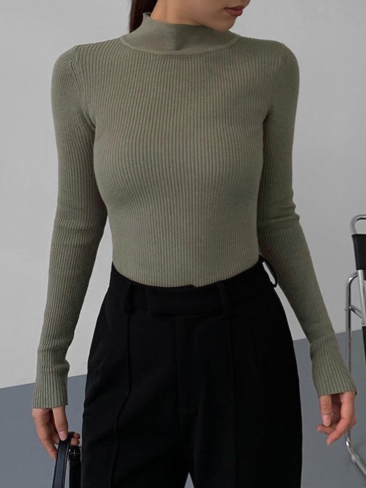 Monteclo - Aya Mock Neck Rib Long Sleeve Knit Top