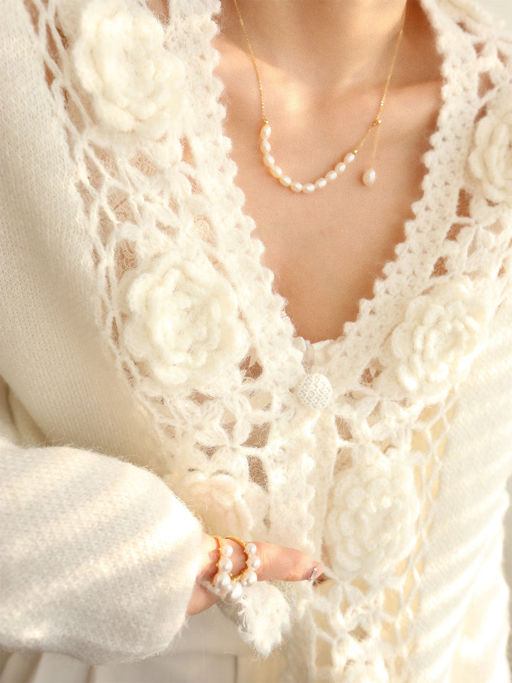 Monteclo - Everly Knit Floral Crocheted Hollow V-neck Shirt