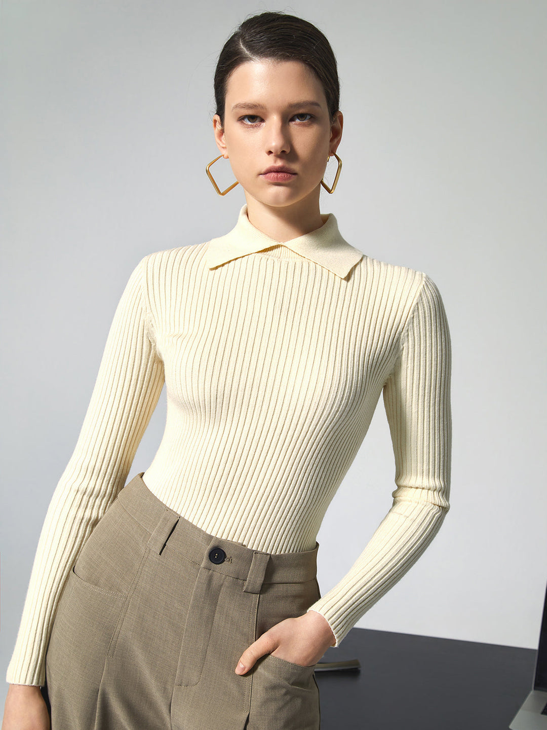 Monteclo - Kiana Vanilla Polo Long Sleeve Knit Top