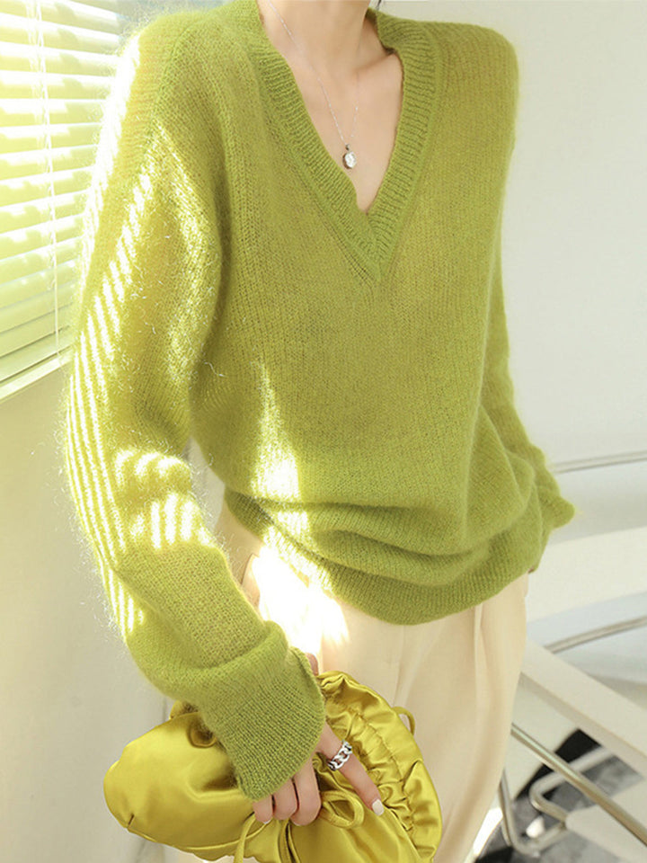 Monteclo - Samantha Lime Garden Furry V-Neck Sweater