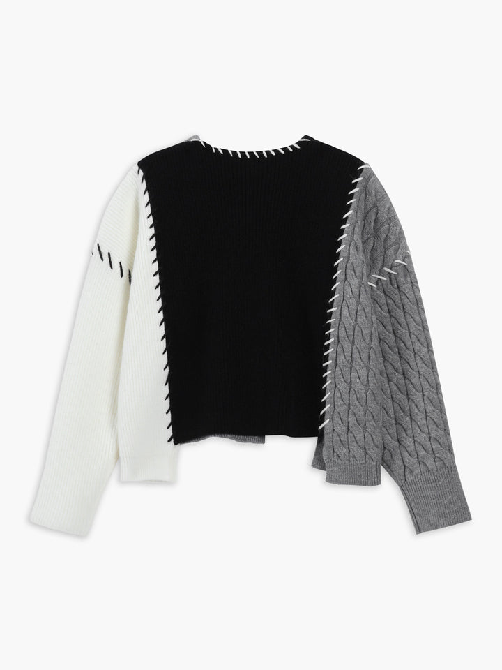 Monteclo - Ada Patchwork Cable Knit Contrast Stitch Sweater