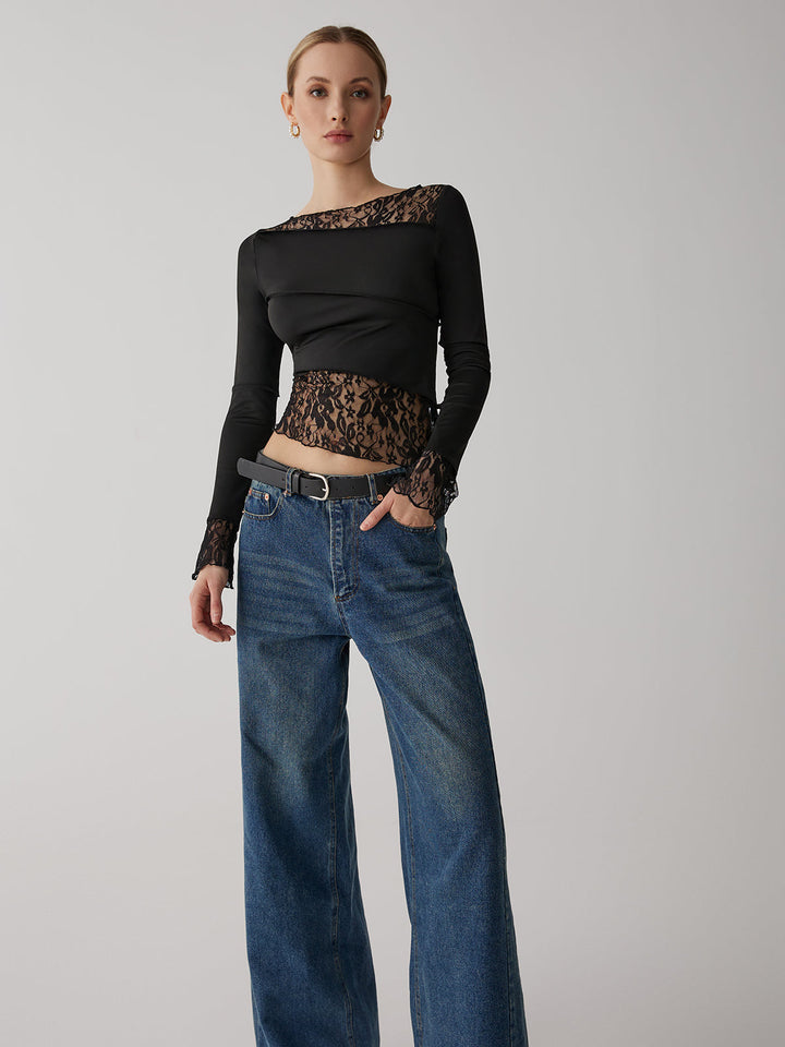 Monteclo - Jolene Solid Patchwork Lace Long Sleeve Top