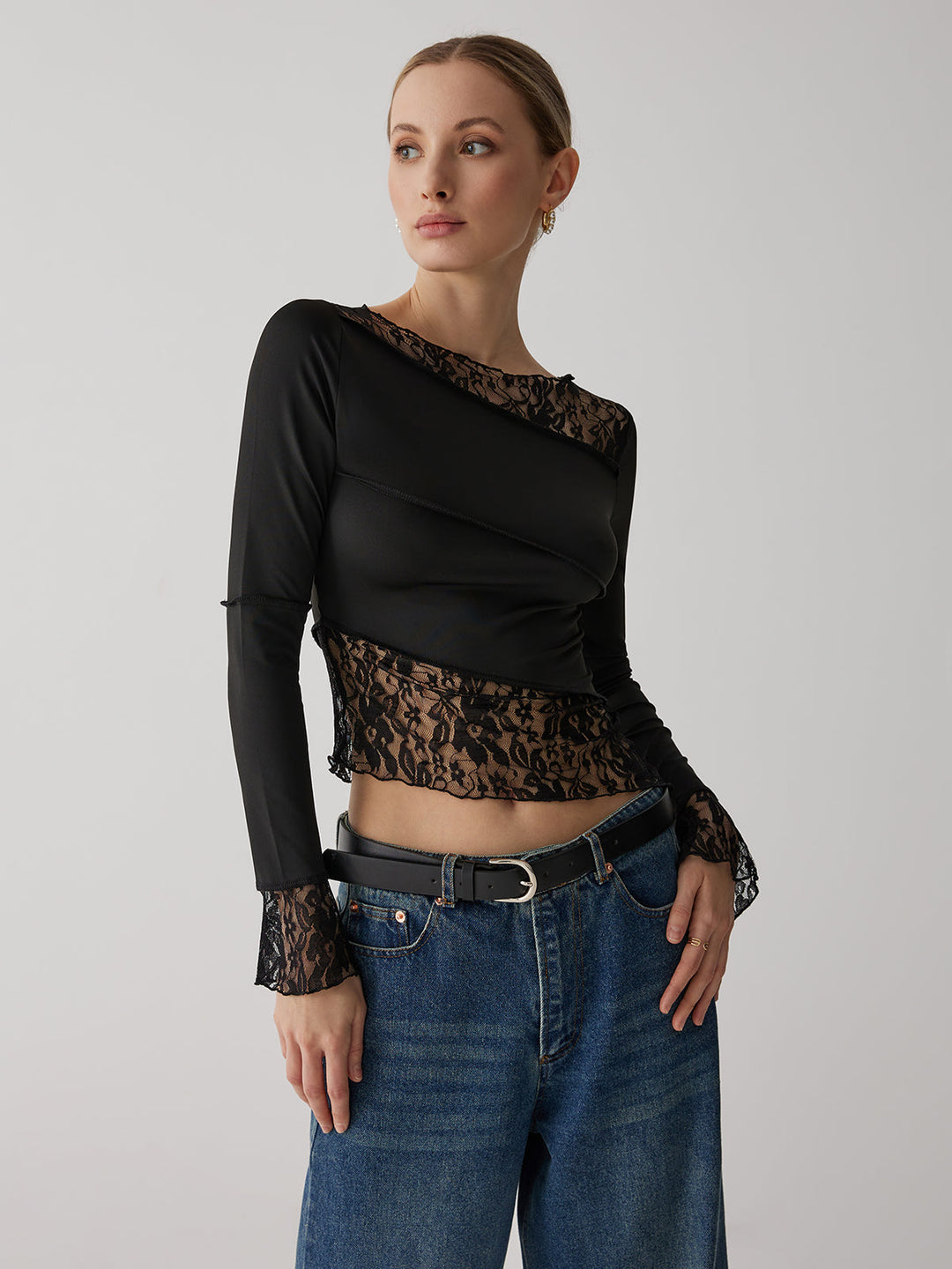 Monteclo - Jolene Solid Patchwork Lace Long Sleeve Top