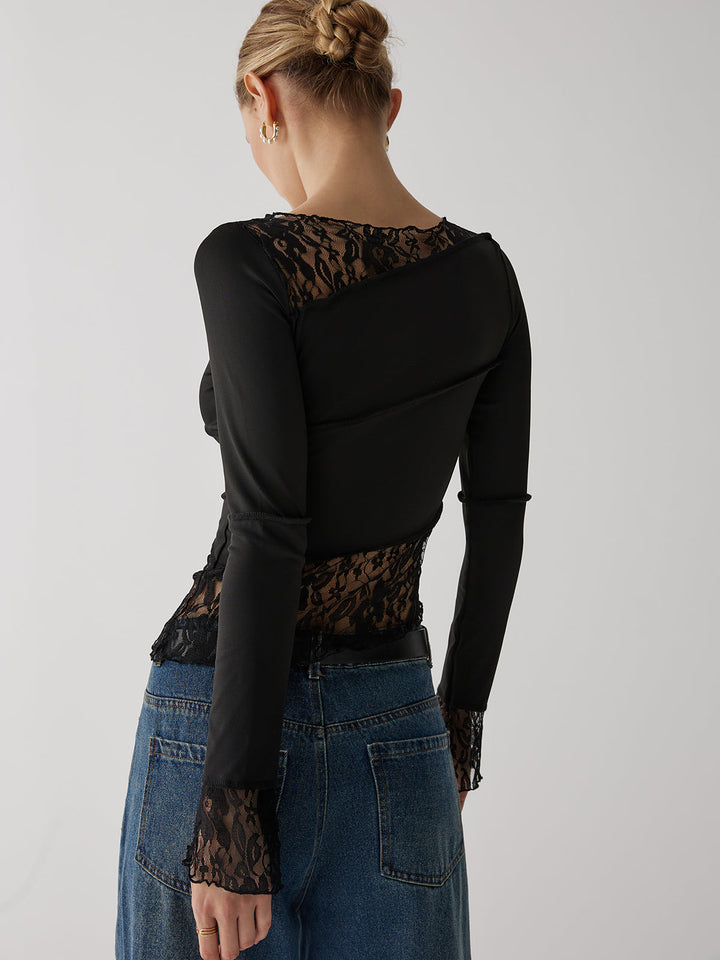 Monteclo - Jolene Solid Patchwork Lace Long Sleeve Top