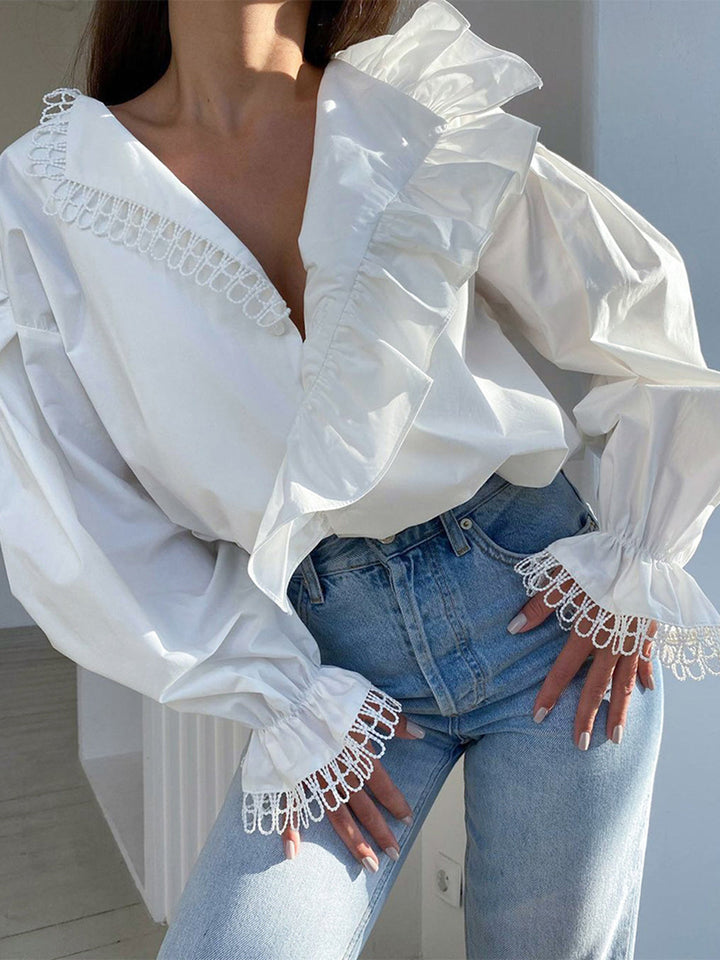 Monteclo - Vera Ruffle Collar Bell Cuff Shirt