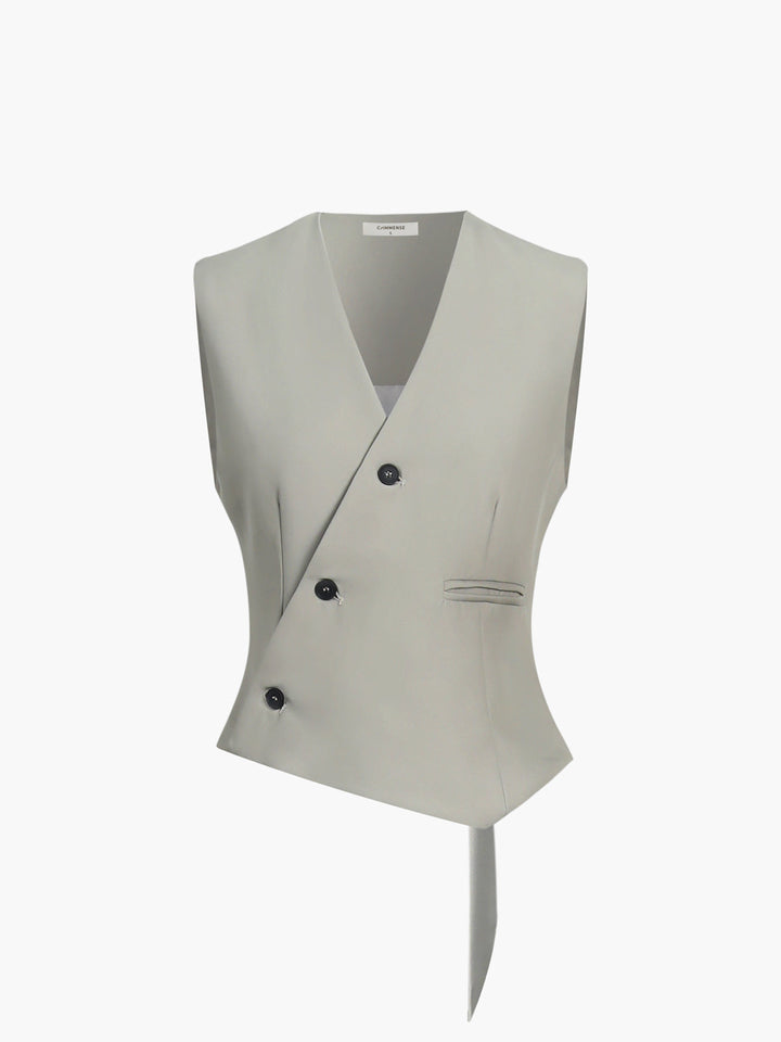 Monteclo - Milana Asymmetric Grayish Green Button Sleeveless Vest