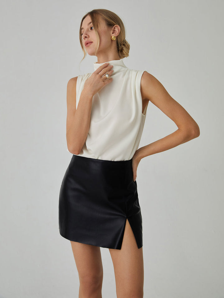 Monteclo - Callie Pleated High Neck Sleeveless Blouse